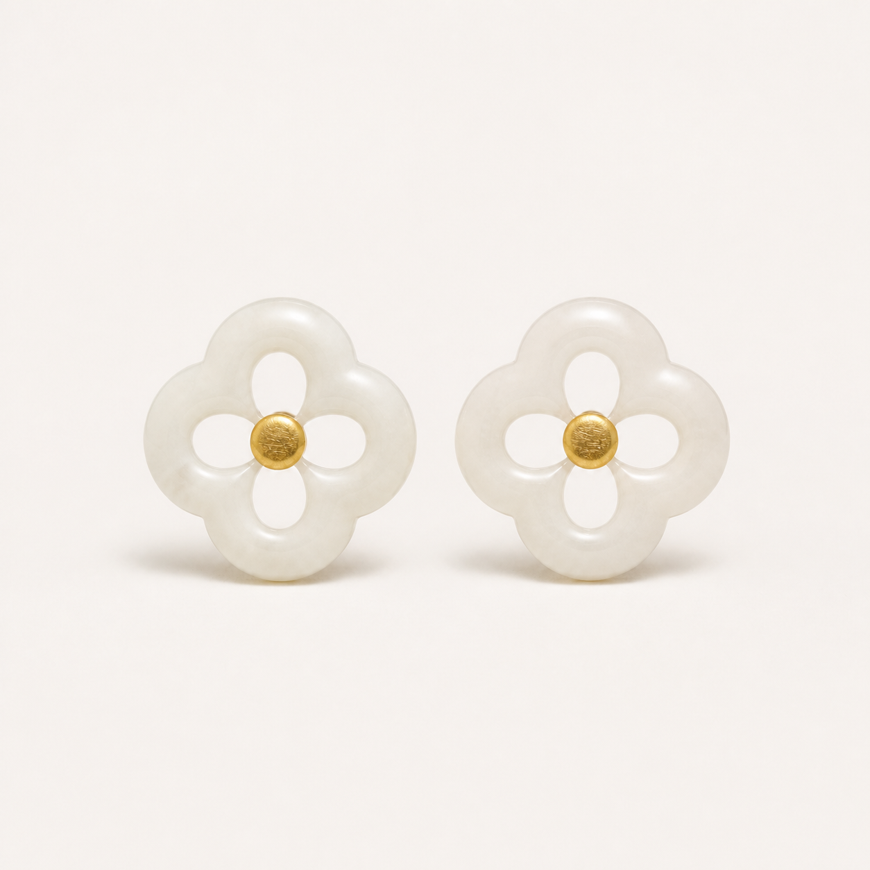 Four Petal White Jade Stud Earrings | 四瓣白玉耳钉